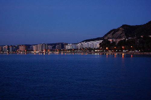 The city of Vlora, Albania, seen from the seaside at night